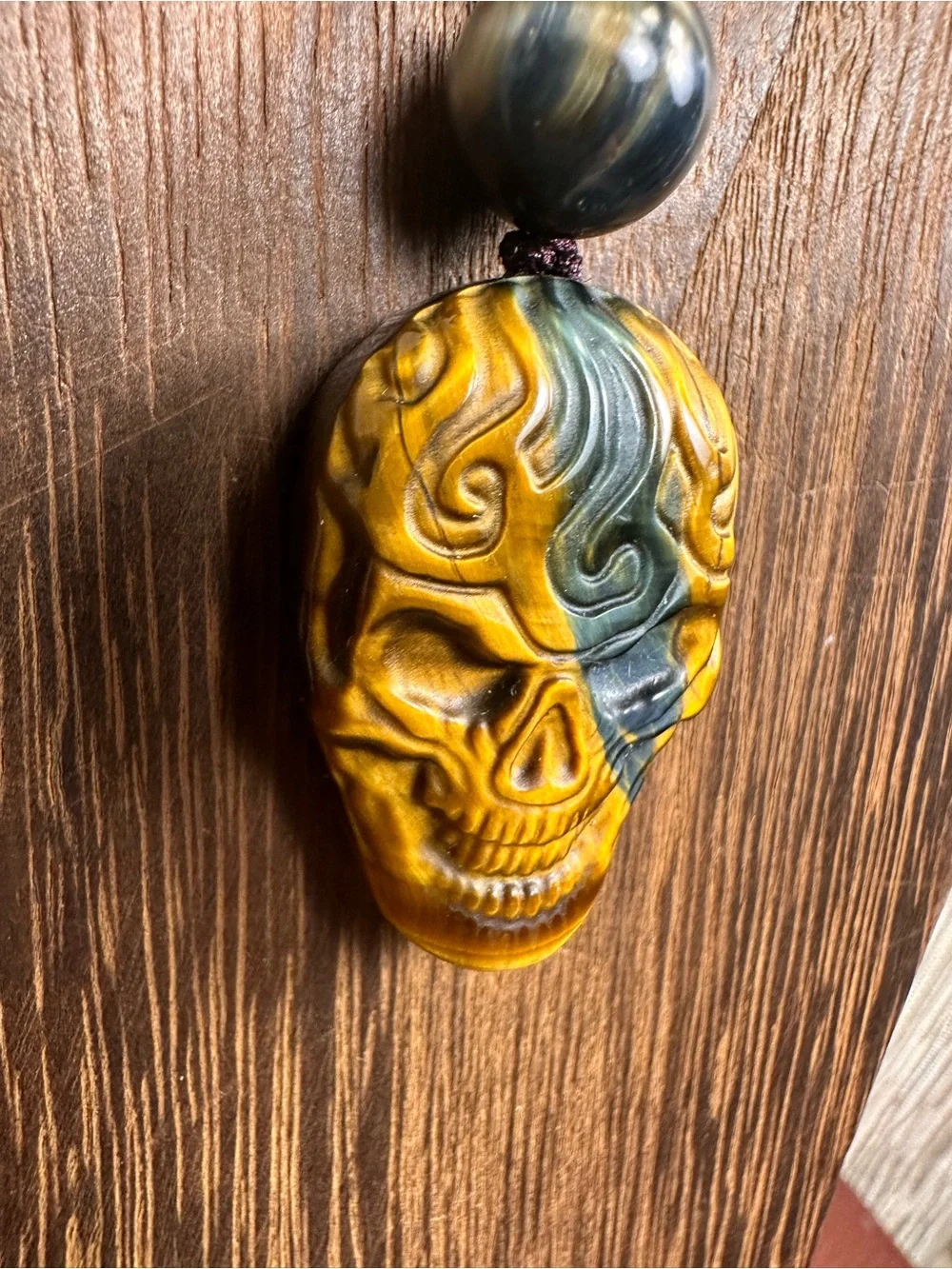 Tiger’s Eye Skull Pendant Necklace on Brown Adjustable Rope